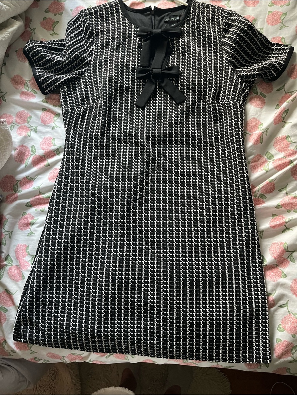 Cynthia Rowley Black and White Bow-Accent Tweed Shift Dress